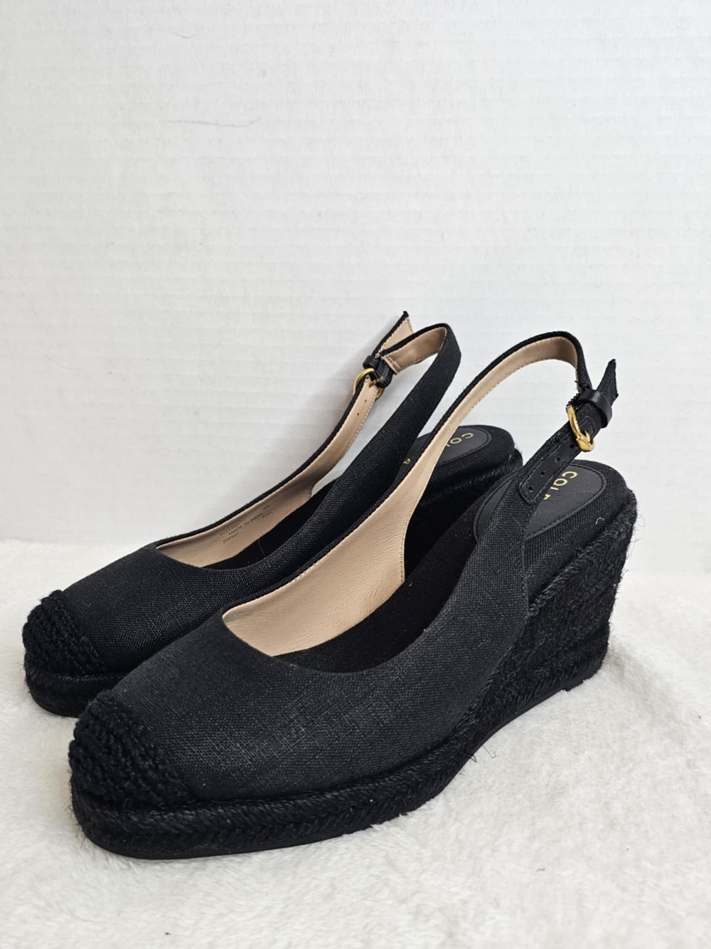 🖤Cole Haan Women’s 6B Shoes Black Cloth Woven Wedge Crochet Straw Closed Toe